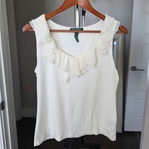 Lauren Ralph Lauren Cream Ribbed Top Ruffle Lace Collar Size L